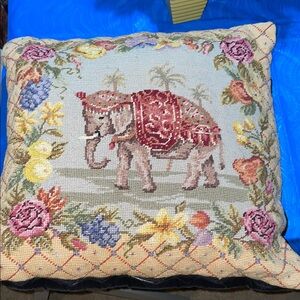 123 Creations vintage needlepoint elephant pillow- 17” x 17”